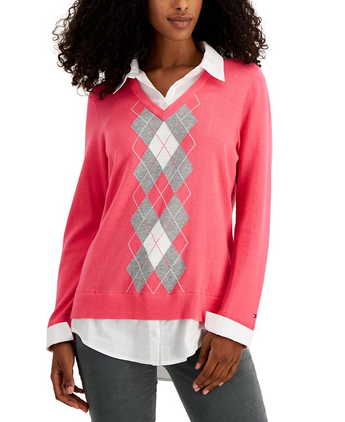 klap Tilslutte smal Tommy Hilfiger Women's Cotton Argyle-Print Layered-Look Sweater - Macy's
