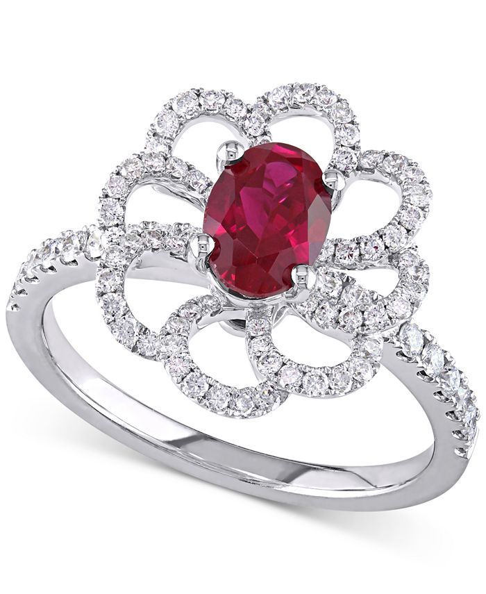 Macy's - Ruby (1 ct. t.w.) & Diamond (5/8 ct. t.w.) Openwork Flower Ring in 14k White Gold