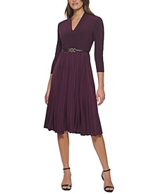 Belted Pleated Fit & Flare Dress