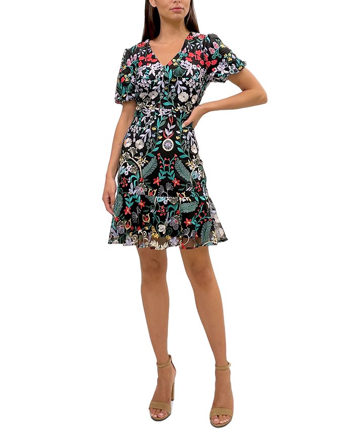 Sam Edelman Puff-Sleeve Mesh Embroidered Dress - Macy's