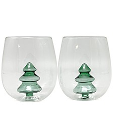 Stemless Wine Glasses with Glass Blown Trees, Set of 2