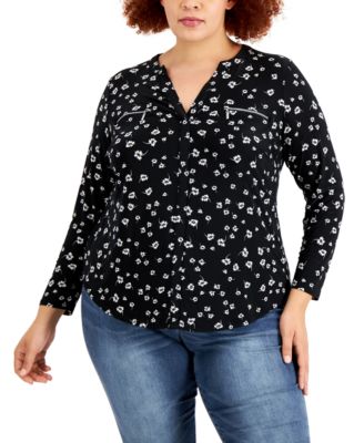 INC International Concepts - Plus Size Zip-Pocket Floral-Print Shirt