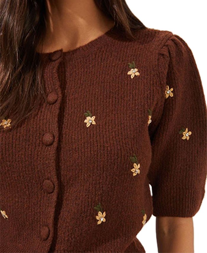 ASTR the Label Valeria Embroidered Puff-Sleeve Cardigan ...