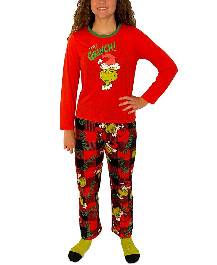 Girls Red Short Family Pyjama Set with Grinch Print