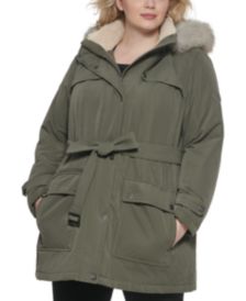 Plus Size Belted Faux-Fur-Trim Hooded Coat