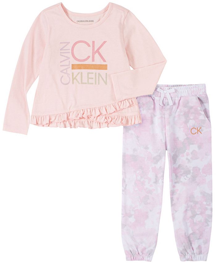 Calvin Klein Toddler Girls 2 Piece Glitter Logo Top and Tie-Dye Joggers ...