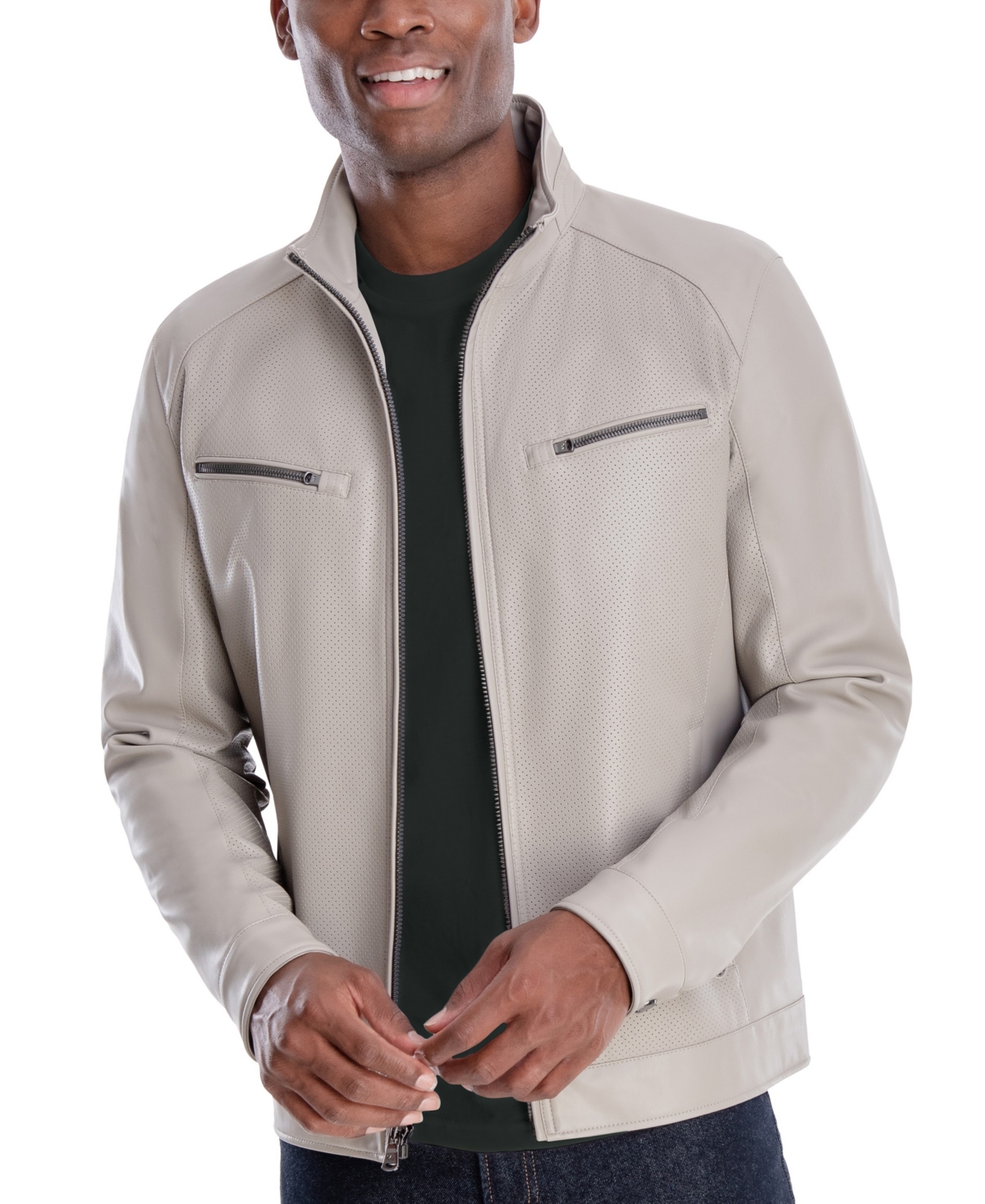 Shop Michael Kors Men's Perforated Faux Leather Moto Jacket, Created For Macy's In Bone