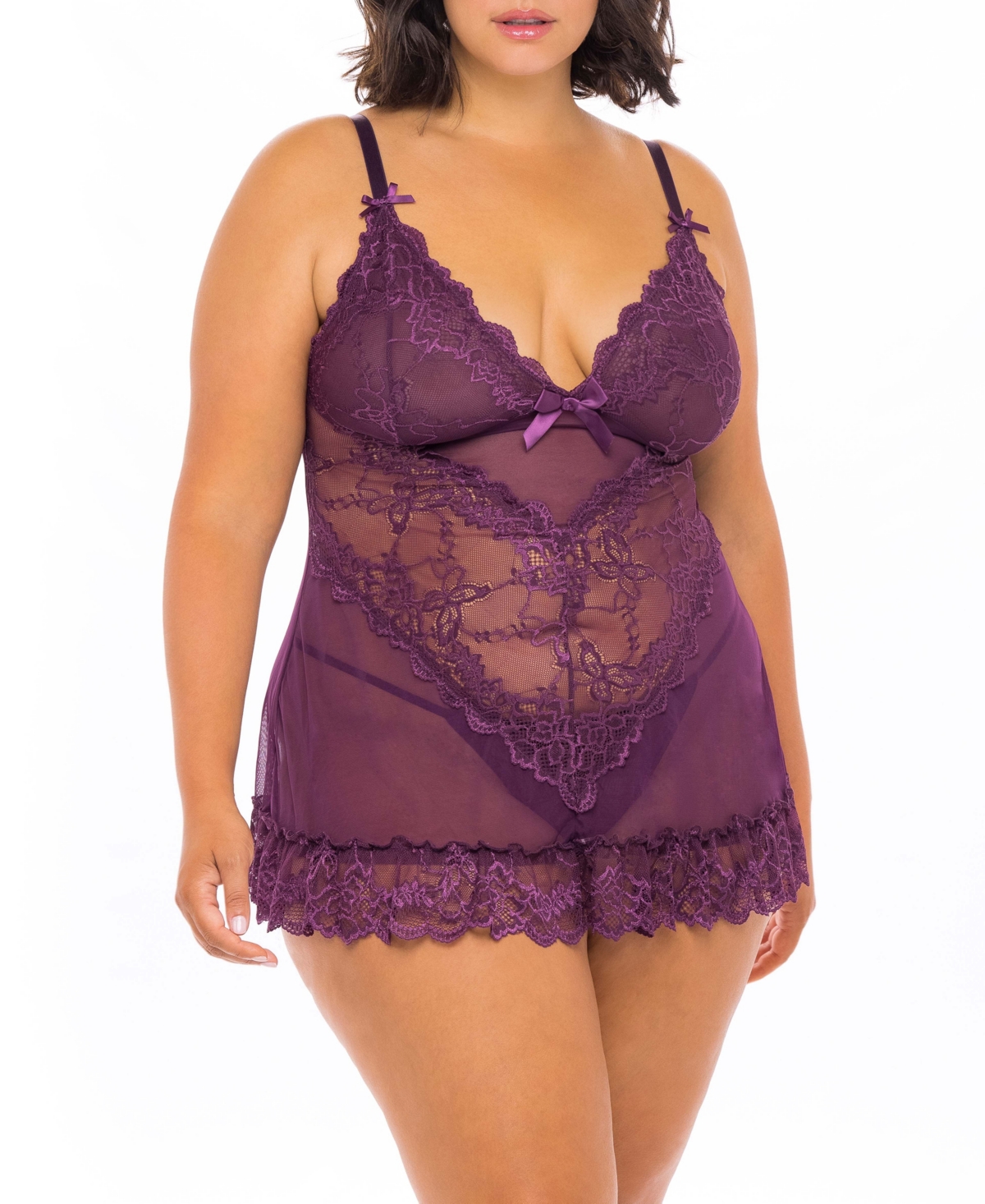 Plus Size Lace Babydoll with Bows & Thong 2pc Lingerie Set - Italian Plum