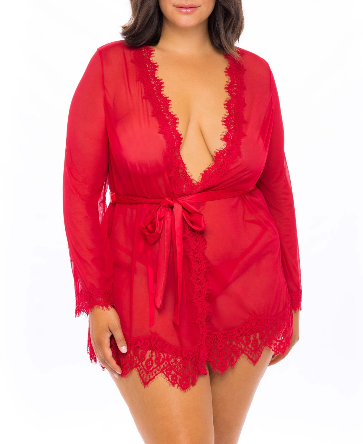 Plus Size Eyelash Lace 2pc Lingerie Set, Robe with Satin Sash and G-String - Red