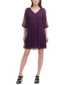 Balloon-Sleeve Pintucked Trapeze Dress