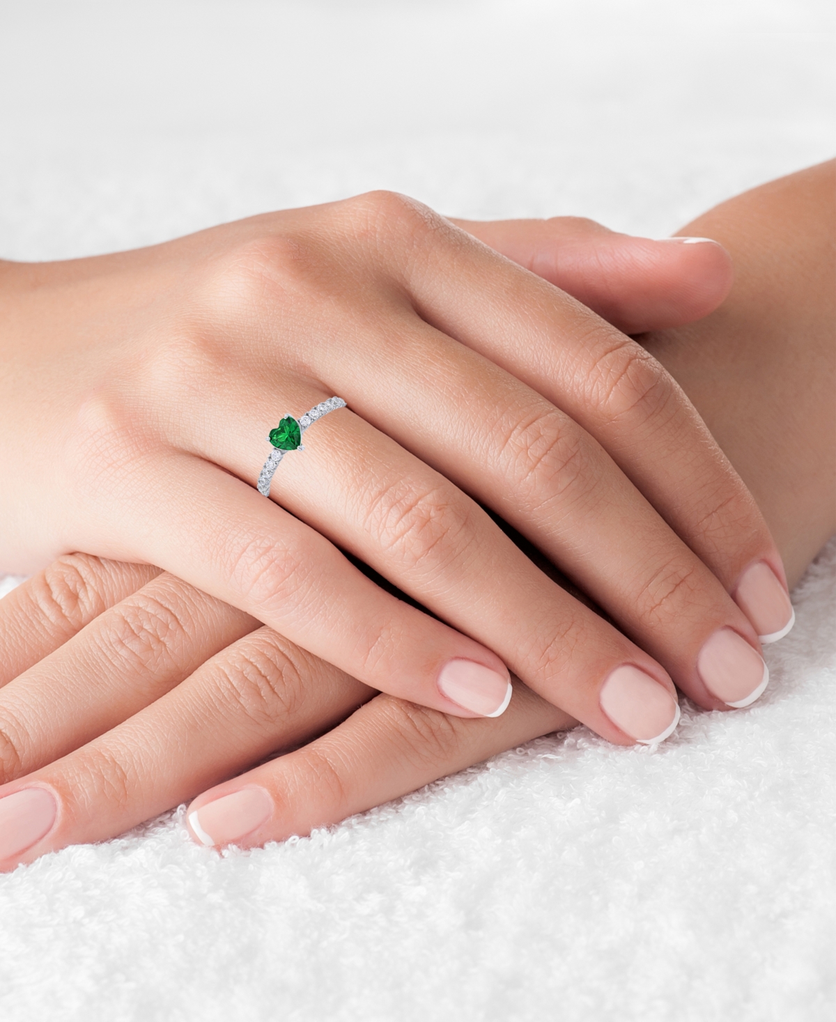 Red, Purple, or White Heart Cubic Zirconia Ring in Rhodium Plated Sterling Silver - Green