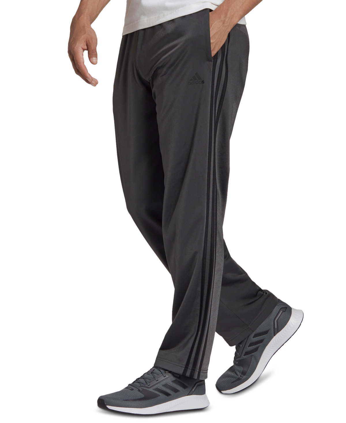 Adidas Originals Men's Primegreen Essentials Warm-up Open Hem 3-stripes Track Pants In Dark Grey Heather,black