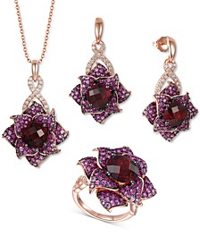 Multi-Gemstone & Nude Diamond Flower Drop Earrings, Necklace & Ring Collection in 14k Rose Gold