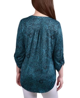 Women's Knit Jacquard 3/4 Sleeve Roll Tab Top