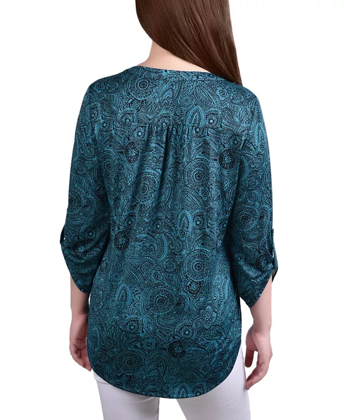 Women's Knit Jacquard 3/4 Sleeve Roll Tab Top - thumbnail 4
