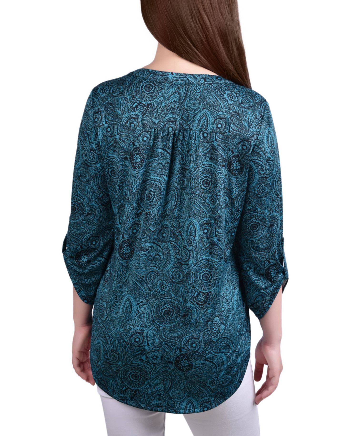 Women's Knit Jacquard 3/4 Sleeve Roll Tab Top