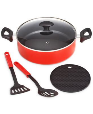 Photo 1 of Bella 5-Pc. Nonstick Everyday Pan Set. Set includes 11" jumbo cooker, silicone trivet, two utensils. Fast, even-heating aluminum. Nonstick coating free of BPA, PFOA and PFOS