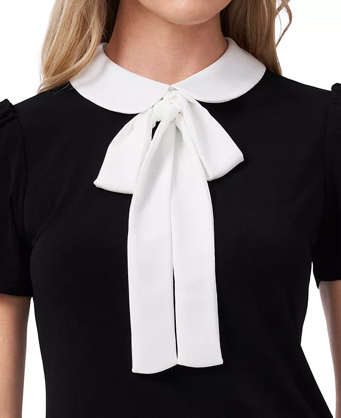 Women's Short Sleeve Collared Bow Neck Knit Top - thumbnail 3