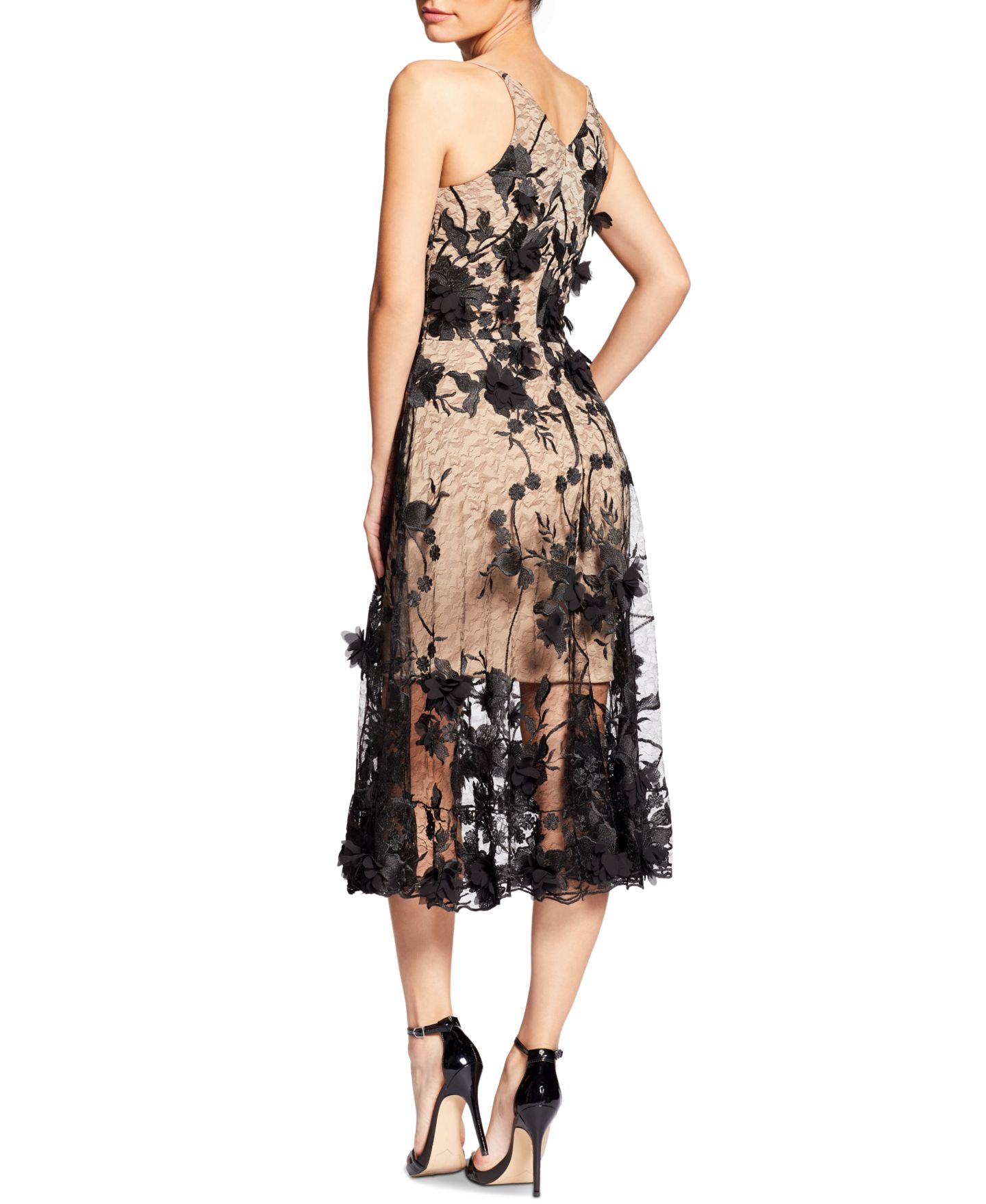 Женское платье Dress the Population Audrey Floral Applique Lace Mini, цвет: Чёрный телесный — фото 2