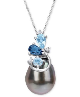 Macy's - Cultured Tahitian Pearl (9-10mm), Blue Topaz (5/8 ct. t.w.), & Diamond Accent 17" Pendant Necklace in 14k White Gold