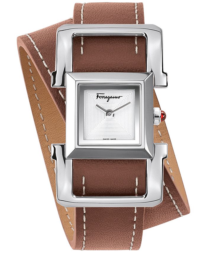 Salvatore Ferragamo - Women's Ferragamo Square Ingot Brown Double Wrap Leather Strap Watch 20mm