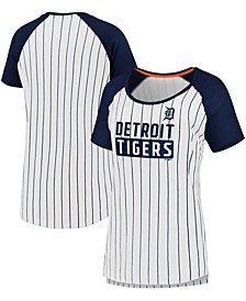 Women's White Detroit Tigers Iconic Pinstripe Raglan Scoop Neck T-shirt