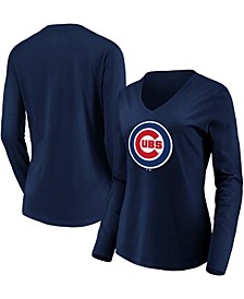 Women's Navy Chicago Cubs Official Logo Long Sleeve V-Neck T-shirt