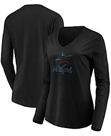 Women's Black Miami Marlins Core Team Long Sleeve V-Neck T-shirt