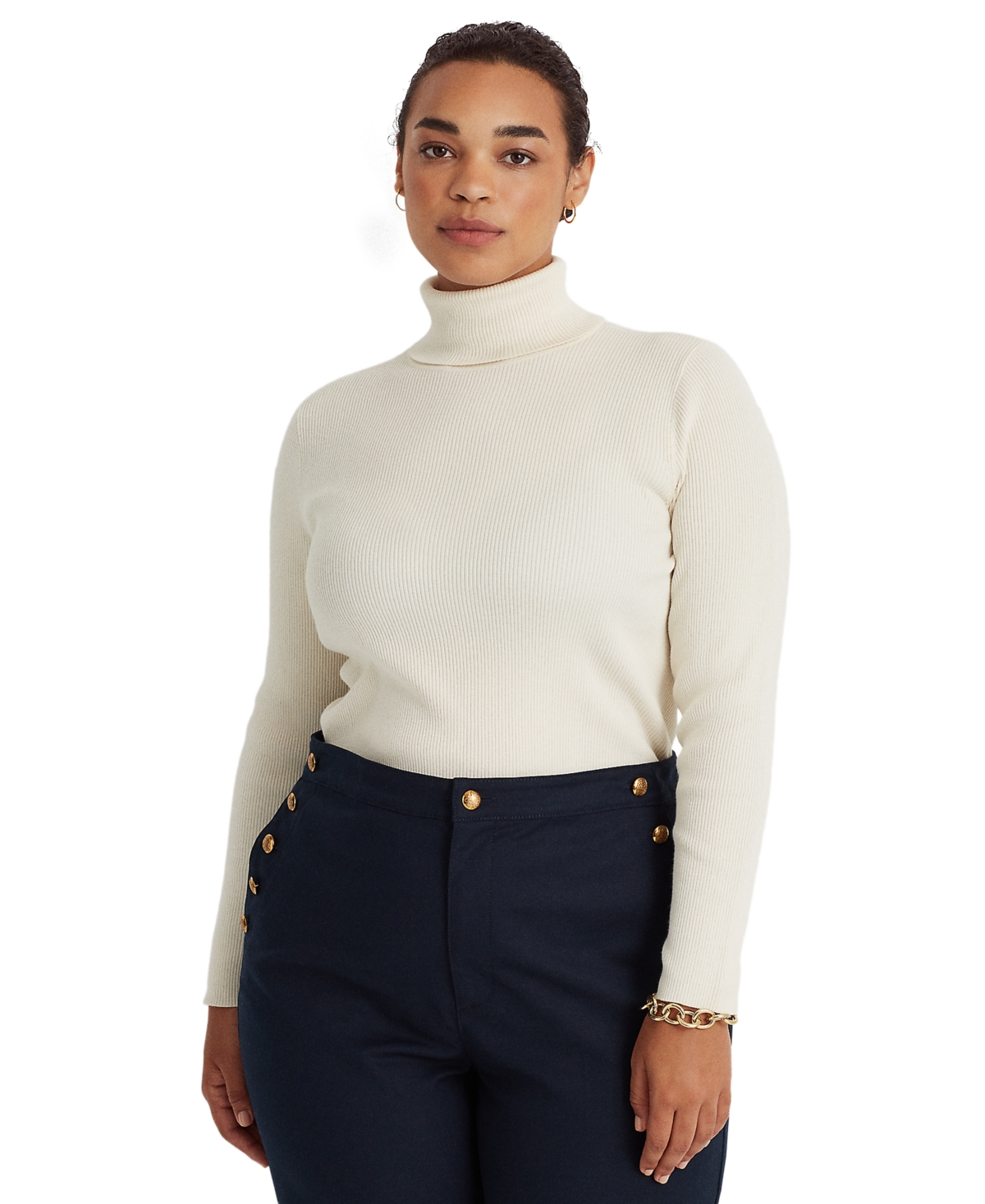 Lauren by Ralph Lauren Plus Size Ribbed Turtleneck Sweater in White