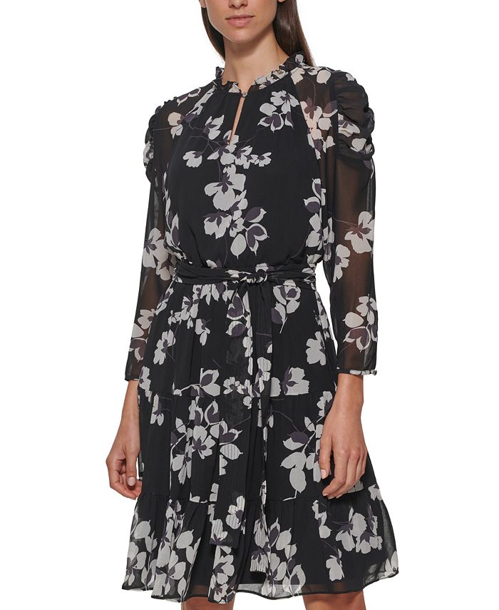 Calvin Klein Floral Print Belted Long Sleeve Dress - Macy's
