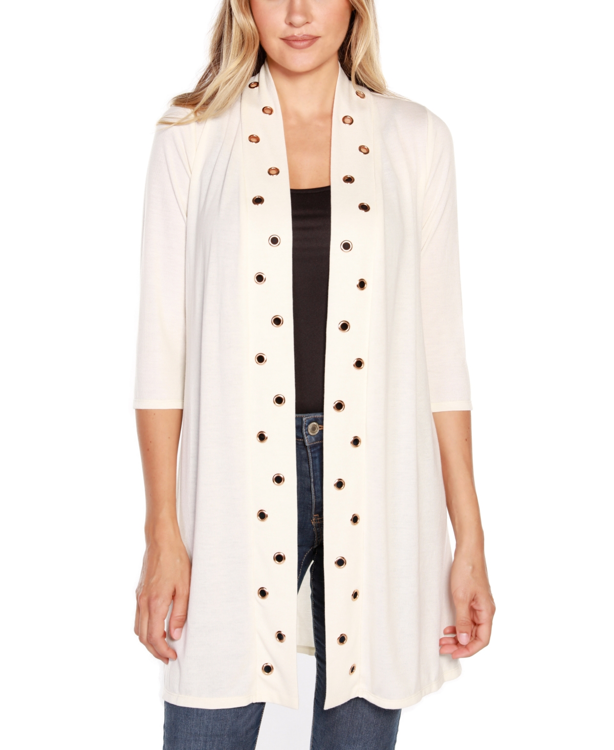 Shop Belldini Grommet-trim Open-front Cardigan In Ivory,gold-tone