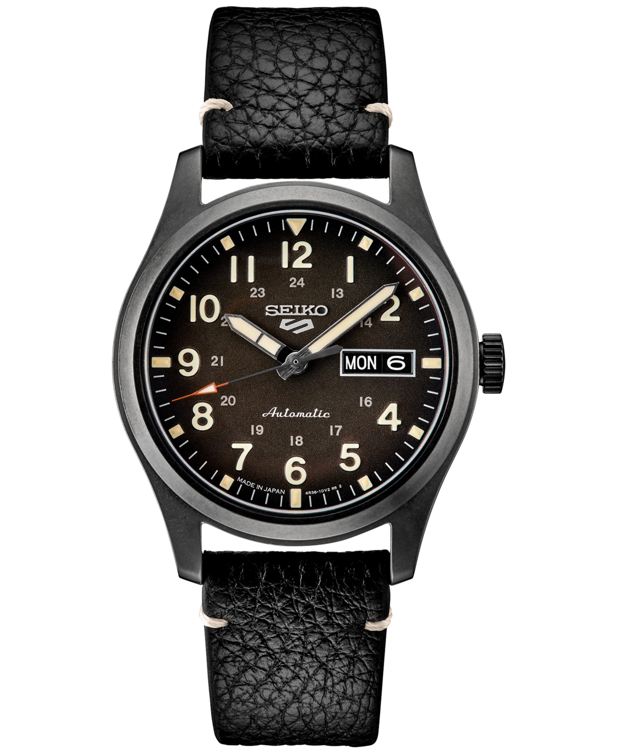 Men's Automatic 5 Sports Black Leather Strap Watch 43mm - Black