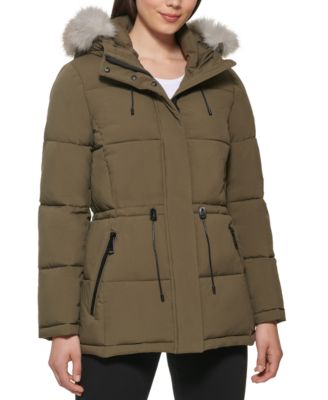 Dkny Women's Faux Fur Trim Hooded Puffer Jacket - Black - Size Xs