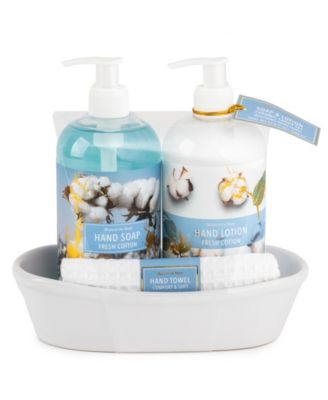 Maison de Base - Hand Soap, Lotion and Towel in Oval Ceramic Caddy- Fresh Cotton