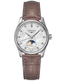 Women's Swiss Automatic Master Moonphase Diamond (1/20 ct. t.w.) Taupe Leather Strap Watch 34mm