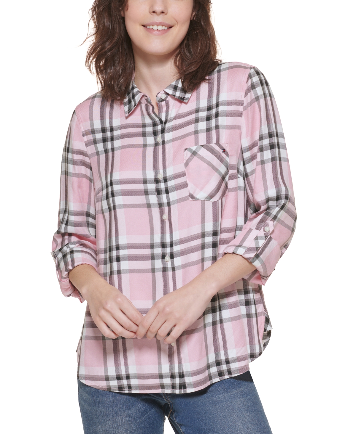 Tommy Hilfiger Plaid Roll-Sleeve Shirt - Taffy Pink