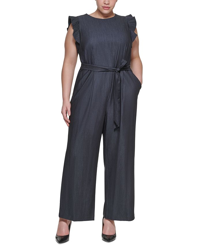 Calvin Klein Plus Size Ruffle-Sleeve Chambray Jumpsuit - Macy's