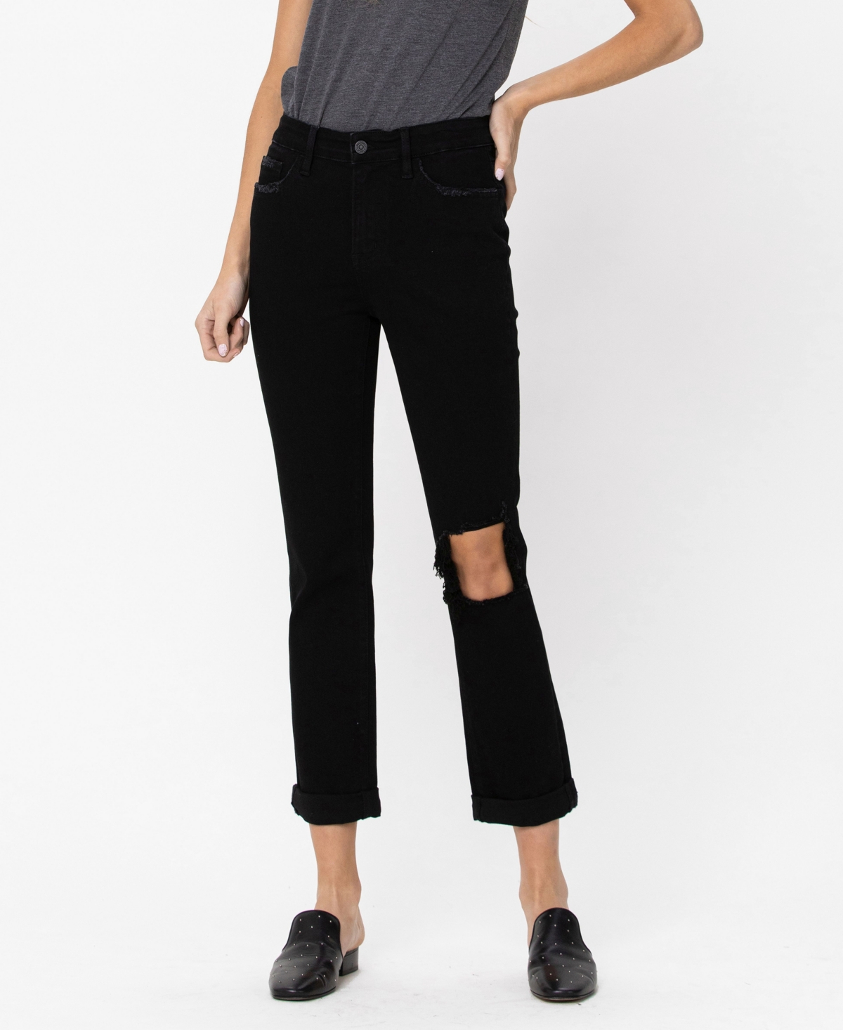 Vervet Women's Stretch High-rise Boyfriend Crop Jeans With Double Cuff In Black | ModeSens