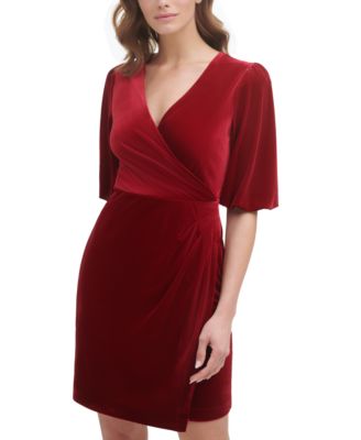 DKNY Women's Velvet Burnout V-Neck Short Flutter Sleeve Faux Wrap High Low Midi Dress