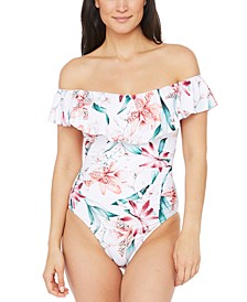 Flyaway Orchid Printed Ruffle Off-the-Shoulder One-Piece Swimsuit