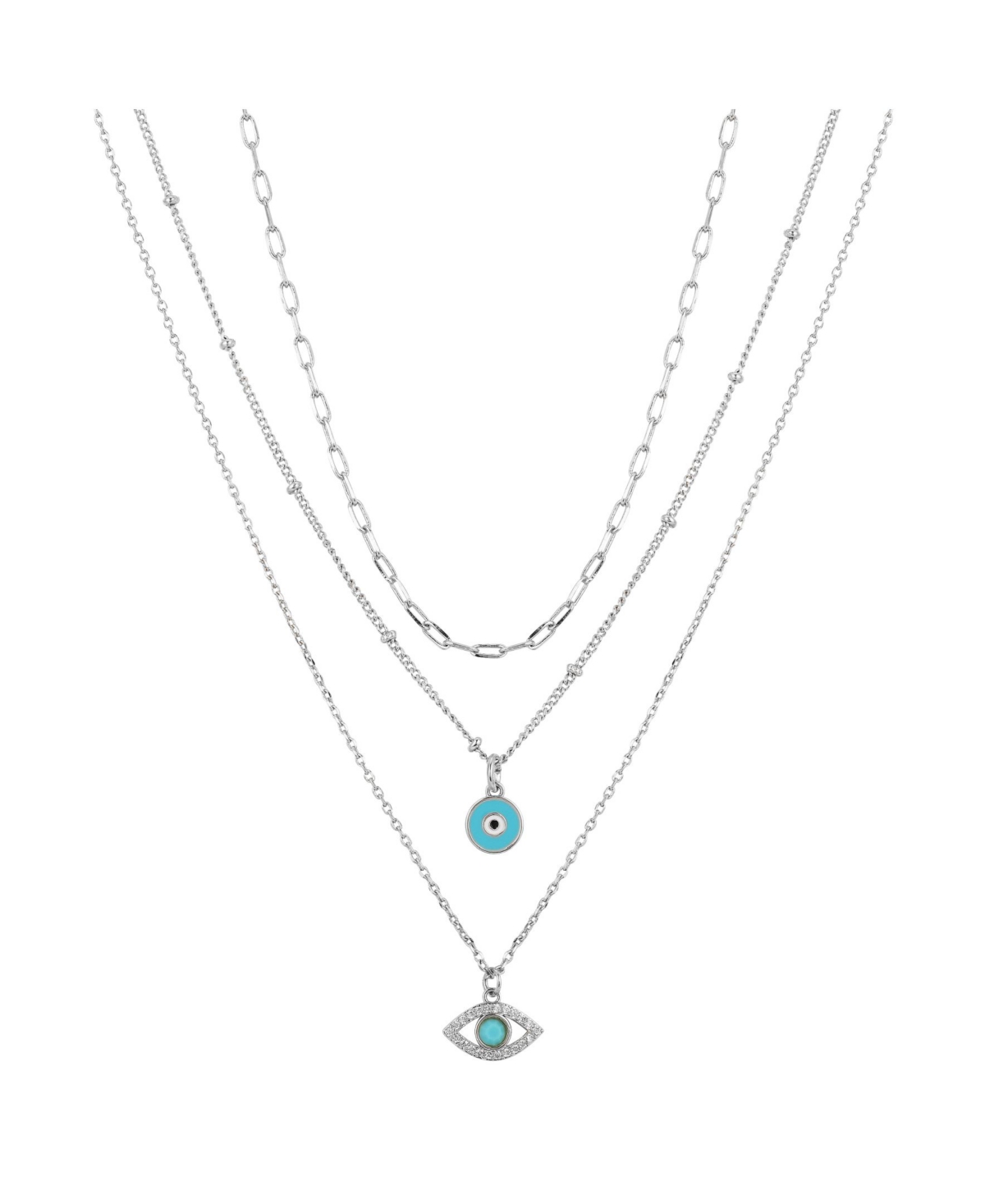 Silver Plated 3-Pieces Turquoise Crystal Evil Eye Layered Pendant Necklace Set - Gold-Plated