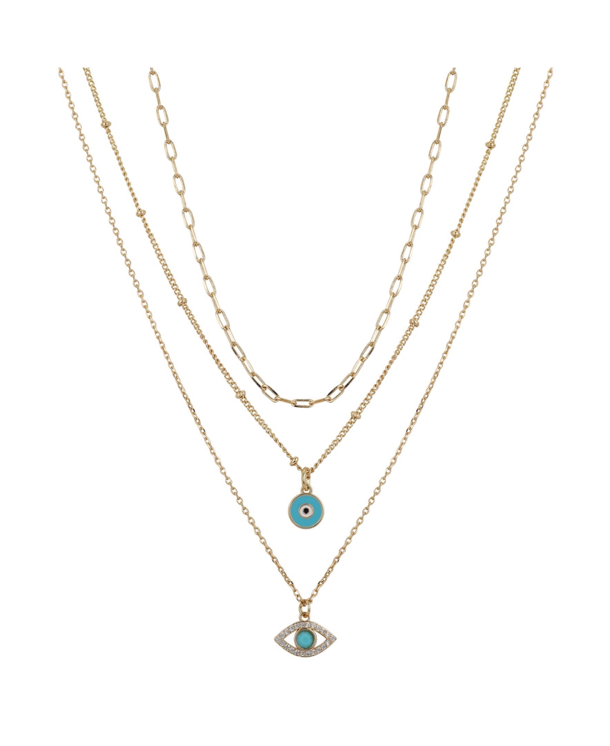 Silver Plated 3-Pieces Turquoise Crystal Evil Eye Layered Pendant Necklace Set - Gold-Plated