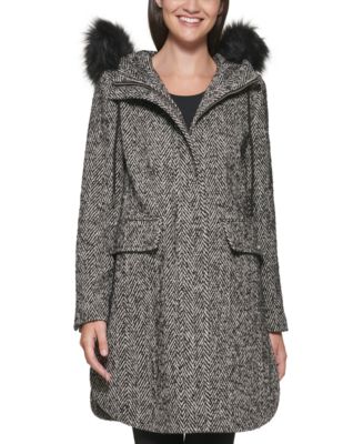 Calvin Klein Women's Faux-Fur-Trim Hooded Walker Coat - Macy's