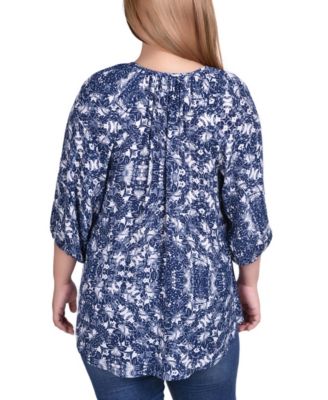 Plus Size 3/4 Sleeve Peasant Top with Tie Neckline