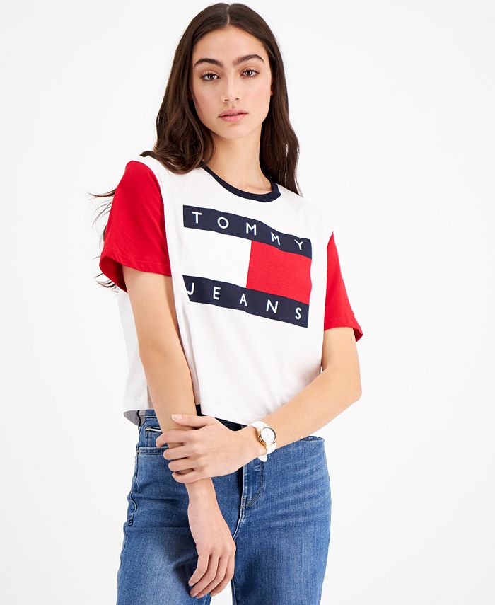 Tommy Jeans Cotton Cropped Colorblocked Flag T-Shirt - Macy's