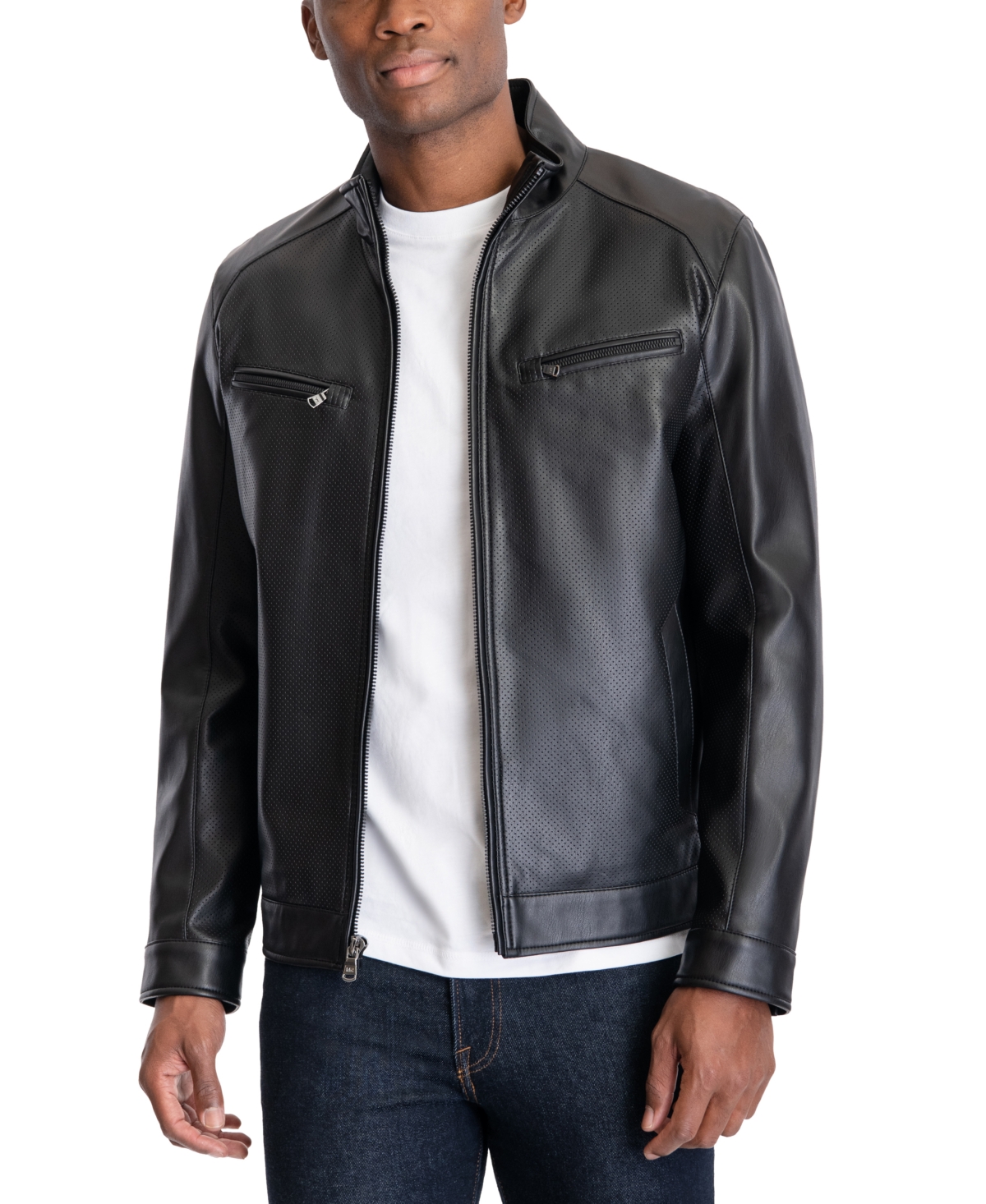 Michael Kors Men's Perforated Faux Leather Moto Jacket, Created For Macy's In Black