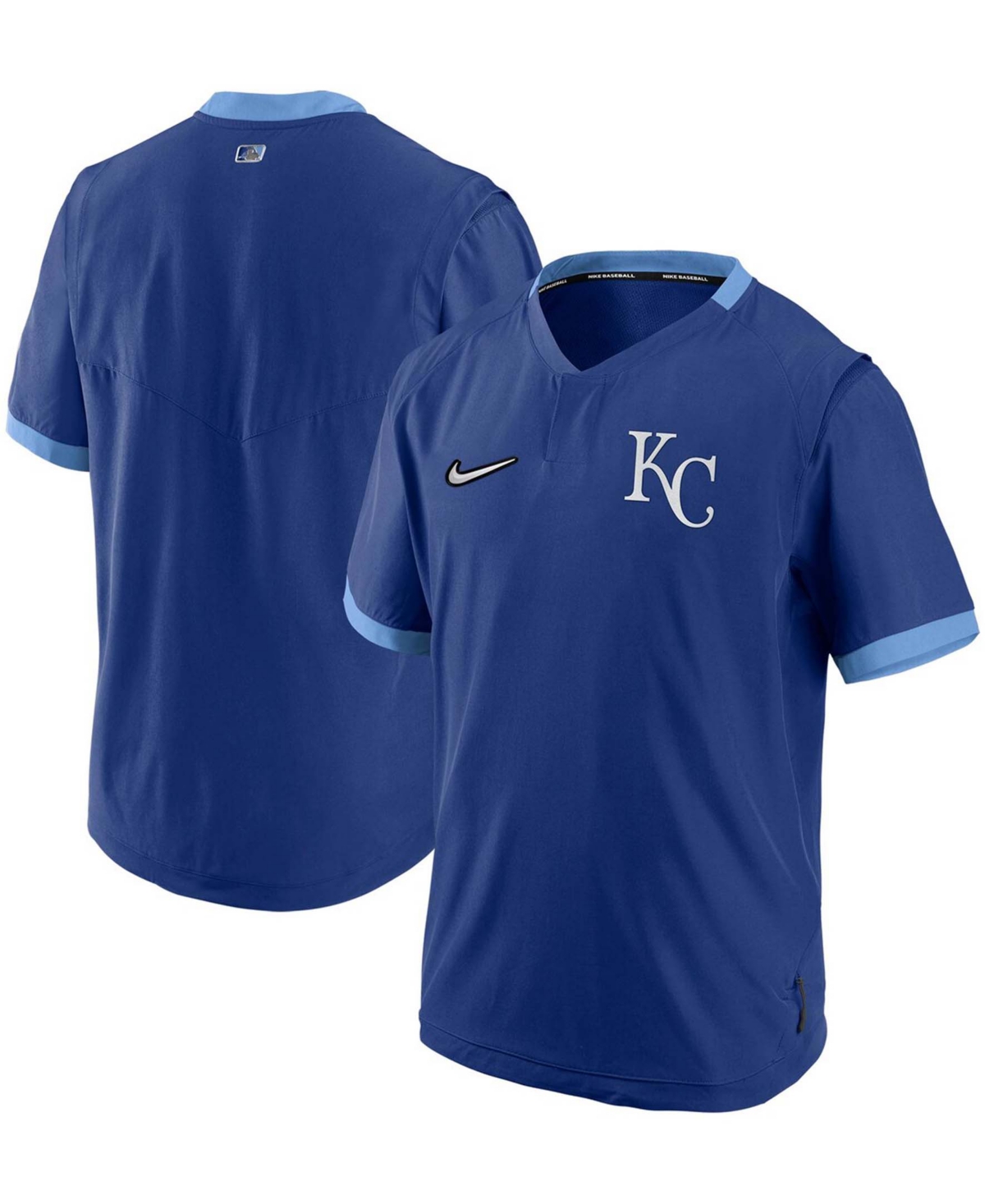 NIKE MEN'S NIKE ROYAL AND LIGHT BLUE KANSAS CITY ROYALS AUTHENTIC COLLECTION SHORT SLEEVE HOT PULLOVER JA
