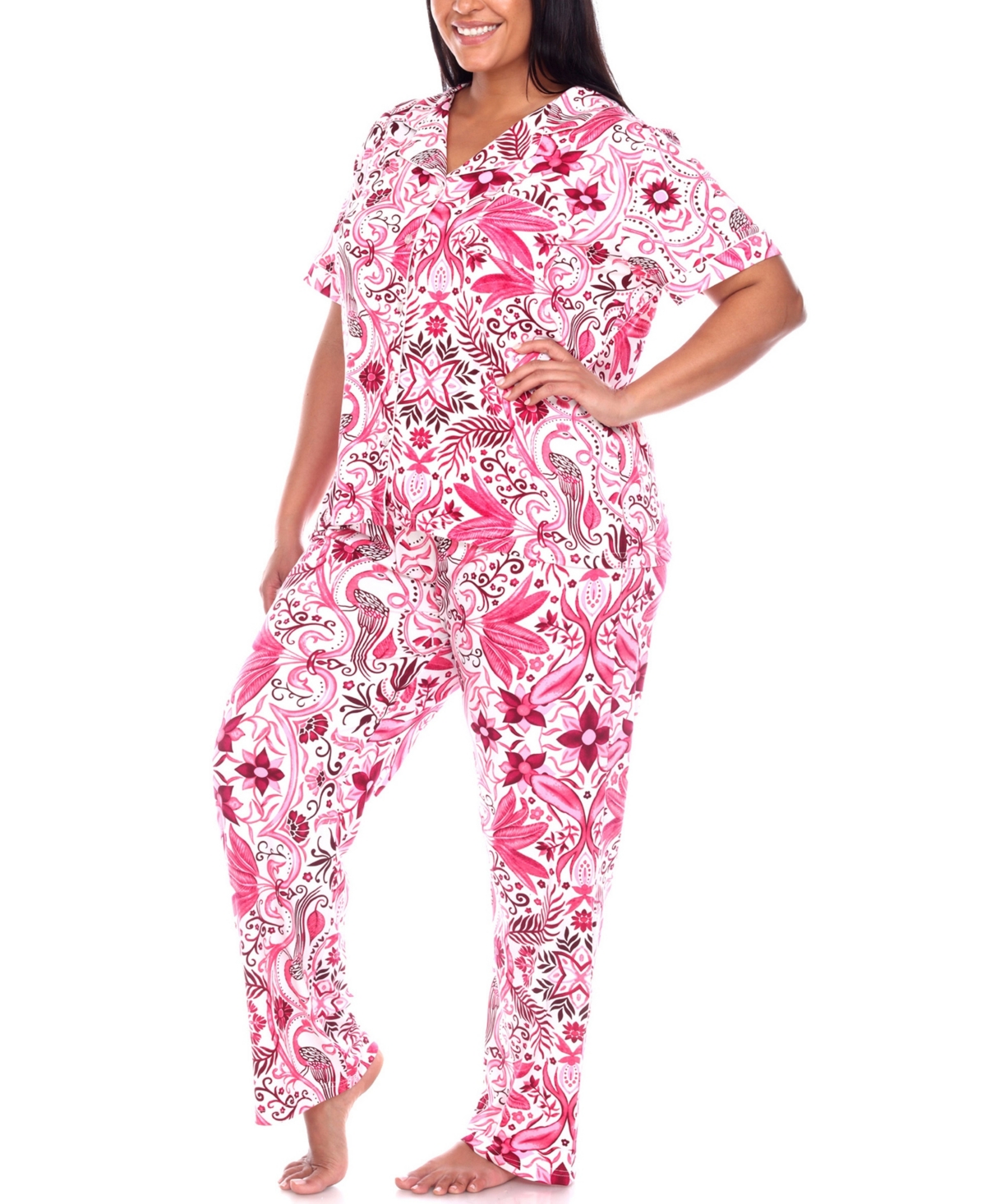 WHITE MARK PLUS SIZE SHORT SLEEVE PANTS TROPICAL PAJAMA SET, 2-PIECE 