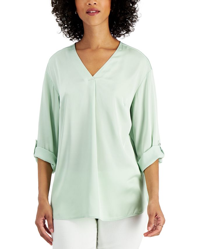 JM Collection Petite Pleated-Front Cuffed-Sleeve Top, Created for & Reviews Tops - Petites - Macy's