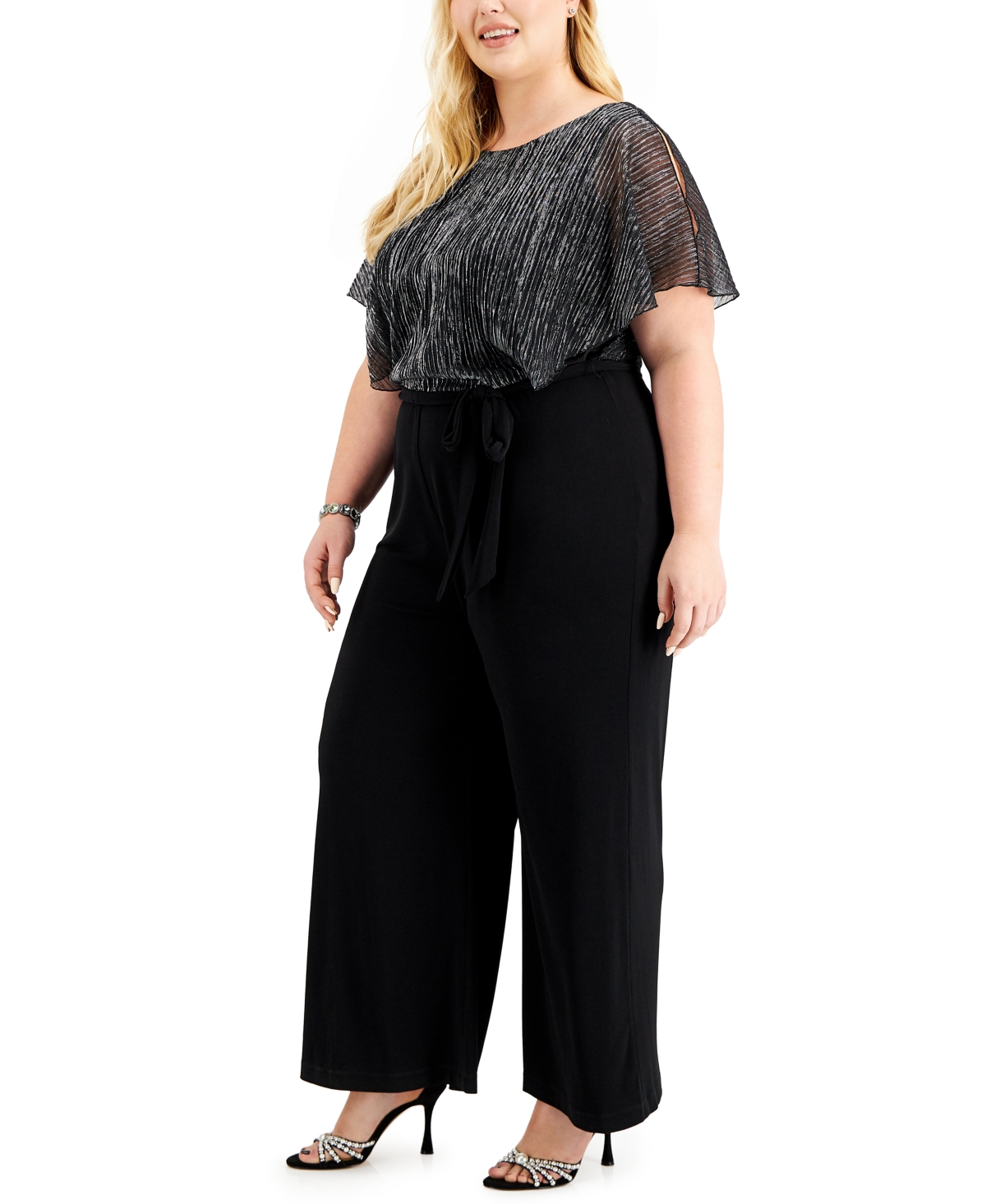 Connected Plus Size Shimmer-Bodice Jumpsuit -Silver